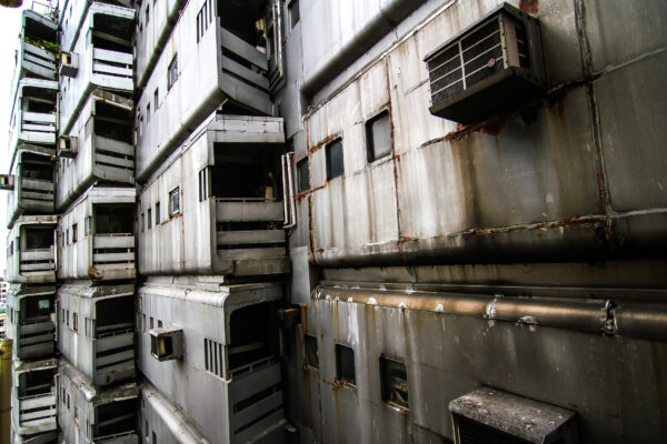 Unique industrial design of the New Sky Building in Shinjuku from Metabolism movement.