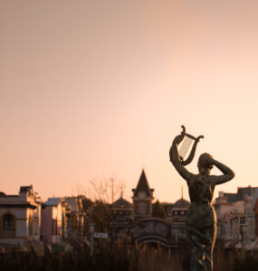 Eerie ruins of Nara Dreamland at sunset, a haunting reminder of impermanence.