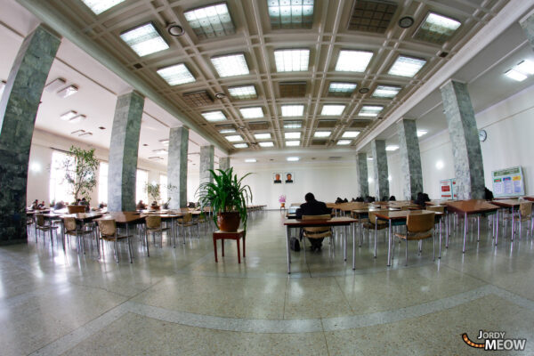 Grand Peoples Study House interior, traditional Korean design with high ceilings and marble floors.