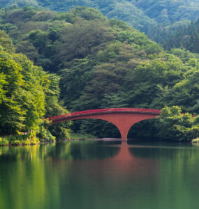 Enigmatic Red Bridge in Gunma, Japan - Tranquil, captivating, mysterious scene in lush nature.