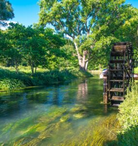 Tranquil watermill in lush Japanese wasabi farm, reflecting in clear stream.