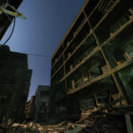 Exploring eerie abandoned streets of Gunkanjima at night.