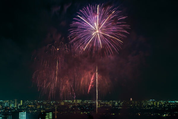 Stunning fireworks display lighting up city skyline in vibrant colors.