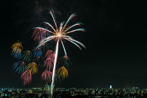 Colorful fireworks light up urban skyline in vibrant celebration display.