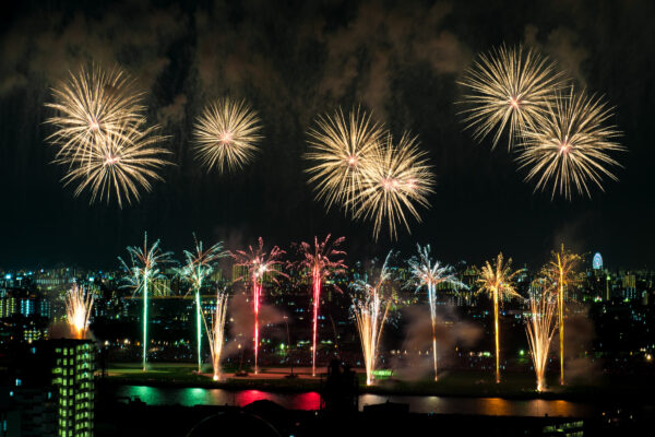 Breathtaking fireworks show over city skyline, lighting up night with vibrant colors and shapes.