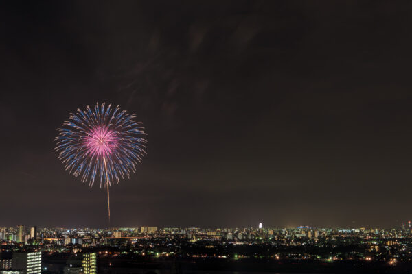 Colorful fireworks lighting up city skyline at night, creating a festive and awe-inspiring celebration.