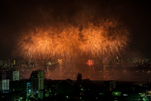 Dazzling fireworks illuminate city skyline in vibrant orange and yellow hues.