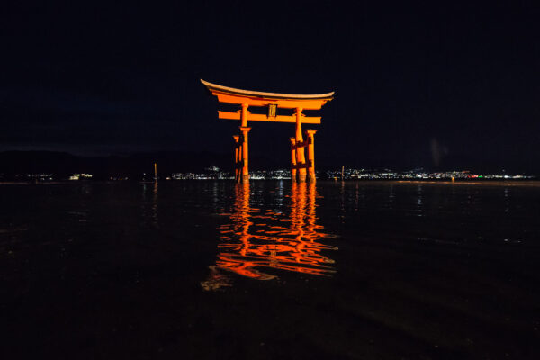 Night View of Miyajimas Torii Gate, Illuminated in Warm Orange Glow.