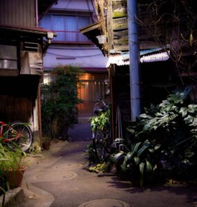 Tranquil Japanese alleyway at night with historic architecture, lush greenery, and a red bicycle.