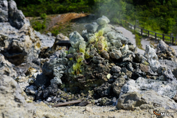 Stunning view of Mount Osores volcanic landscape in Japan with rugged terrain and vibrant green vegetation.