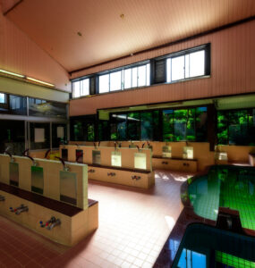 Traditional Japanese bathhouse with wooden tubs, natural light, and serene ambiance in Tokyo.