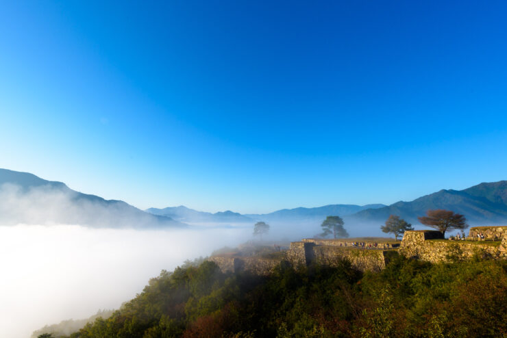 Takeda Castle in Japan, shrouded in mist, against a backdrop of lush greenery.