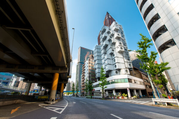 Iconic Nakagin Capsule Tower in Tokyo, Japan - Innovative modular living units by Kisho Kurokawa.