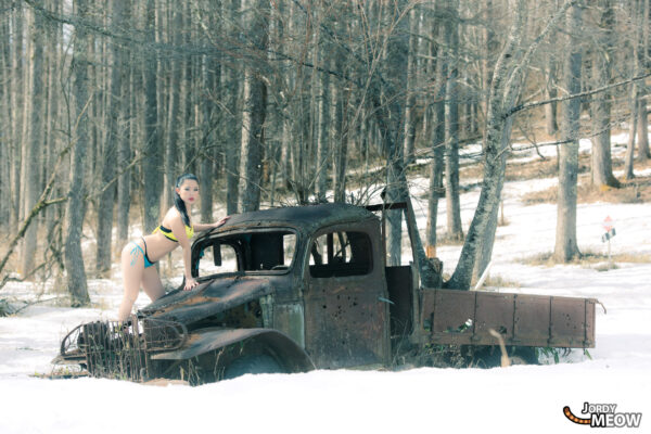 Forgotten Beauty: Abandoned Dodge in Snowy Forest - Haunting decay in serene winter setting.