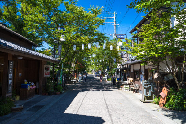 Charming street in Aso City, Japan, with traditional buildings, lush greenery, and bustling activity.