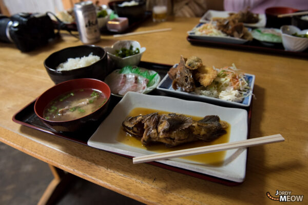 Rustic Japanese meal on Manabe-shima Island, showcasing traditional charm and local cuisine.