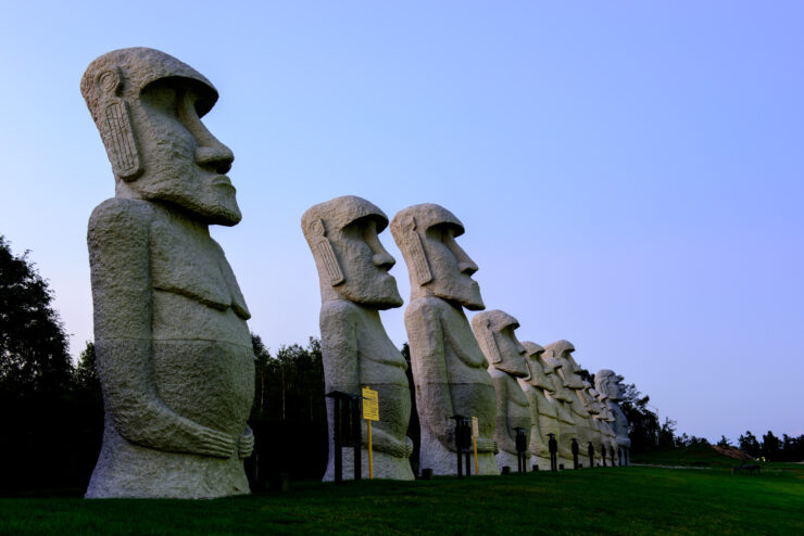 Unexpected Encounter: Moai statues from Easter Island in Hokkaido, Japan, creating a captivating contrast.