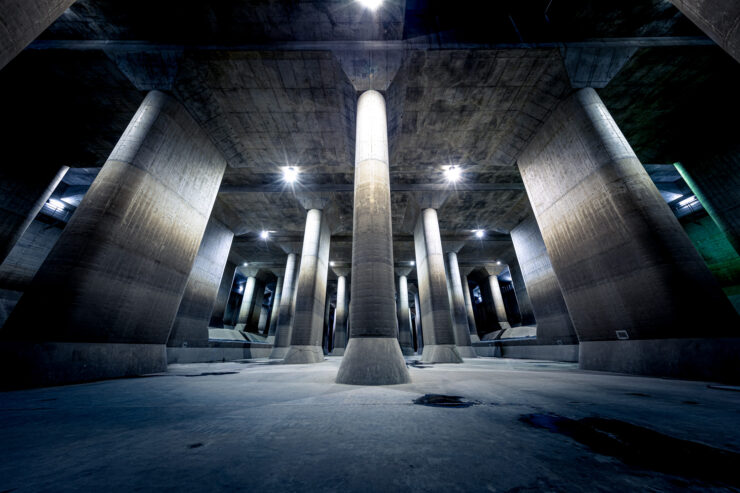 Subterranean flood water diversion channel with towering concrete columns and dramatic lighting.