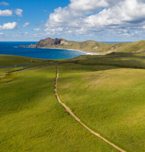 Lush Rebun Island, Hokkaidos serene meadows, azure sea.