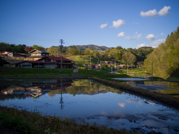 Tranquil Japanese village landscape with lake