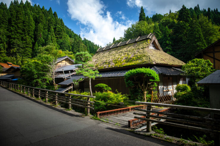 Thatched-roof Japanese village nestled in lush mountains