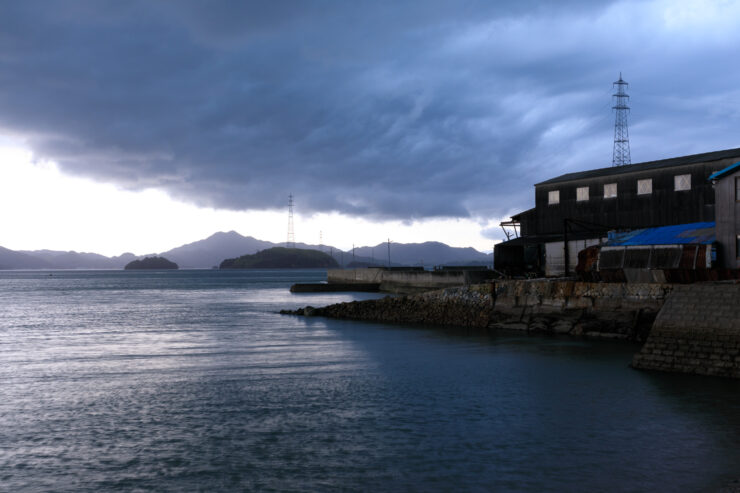 Takehara coastal towns stormy seascape, industrial structures