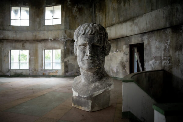 Haunting abandoned Japanese royal hotel interior sculpture