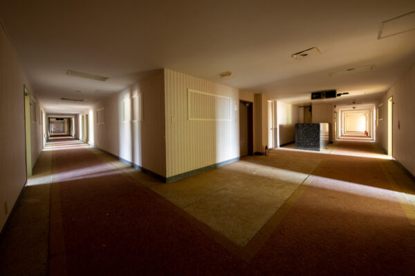 Eerie abandoned hallway, Hachijo Royal Hotel, Japan.