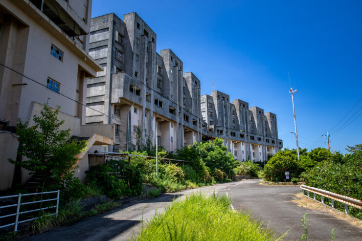 Haunting abandoned mining town overtaken by nature.