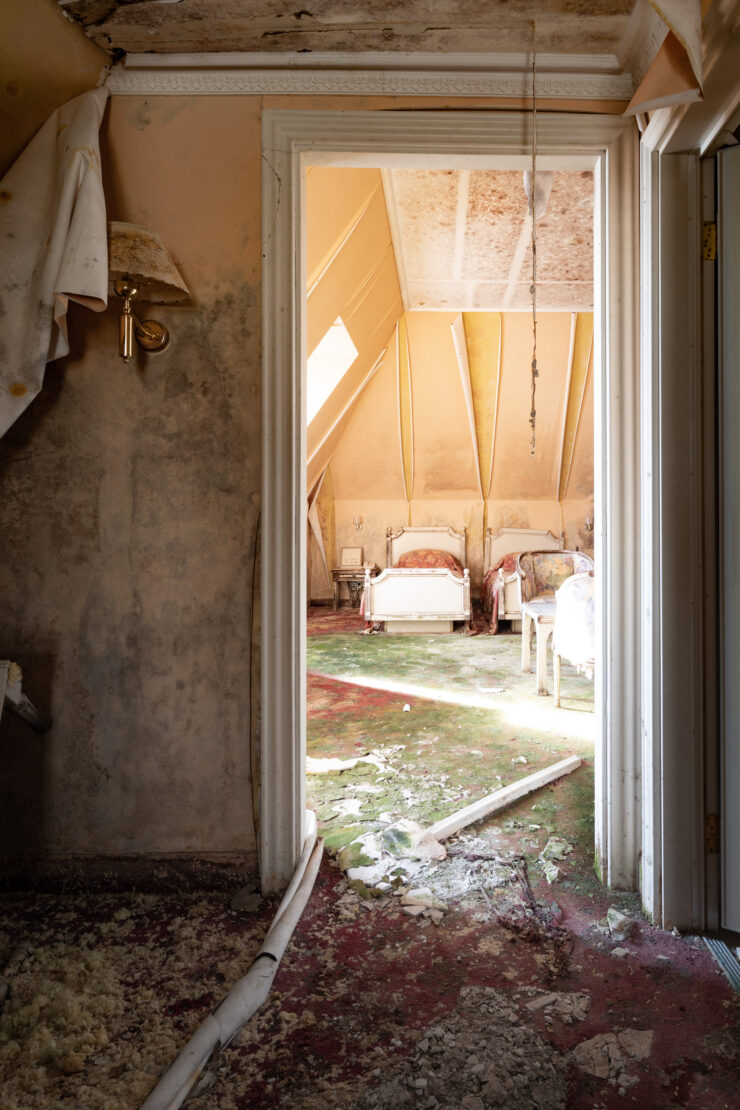 Haunting abandoned theme park interior.