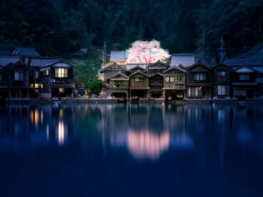 Ine traditional boathouses at night, Japan coast town