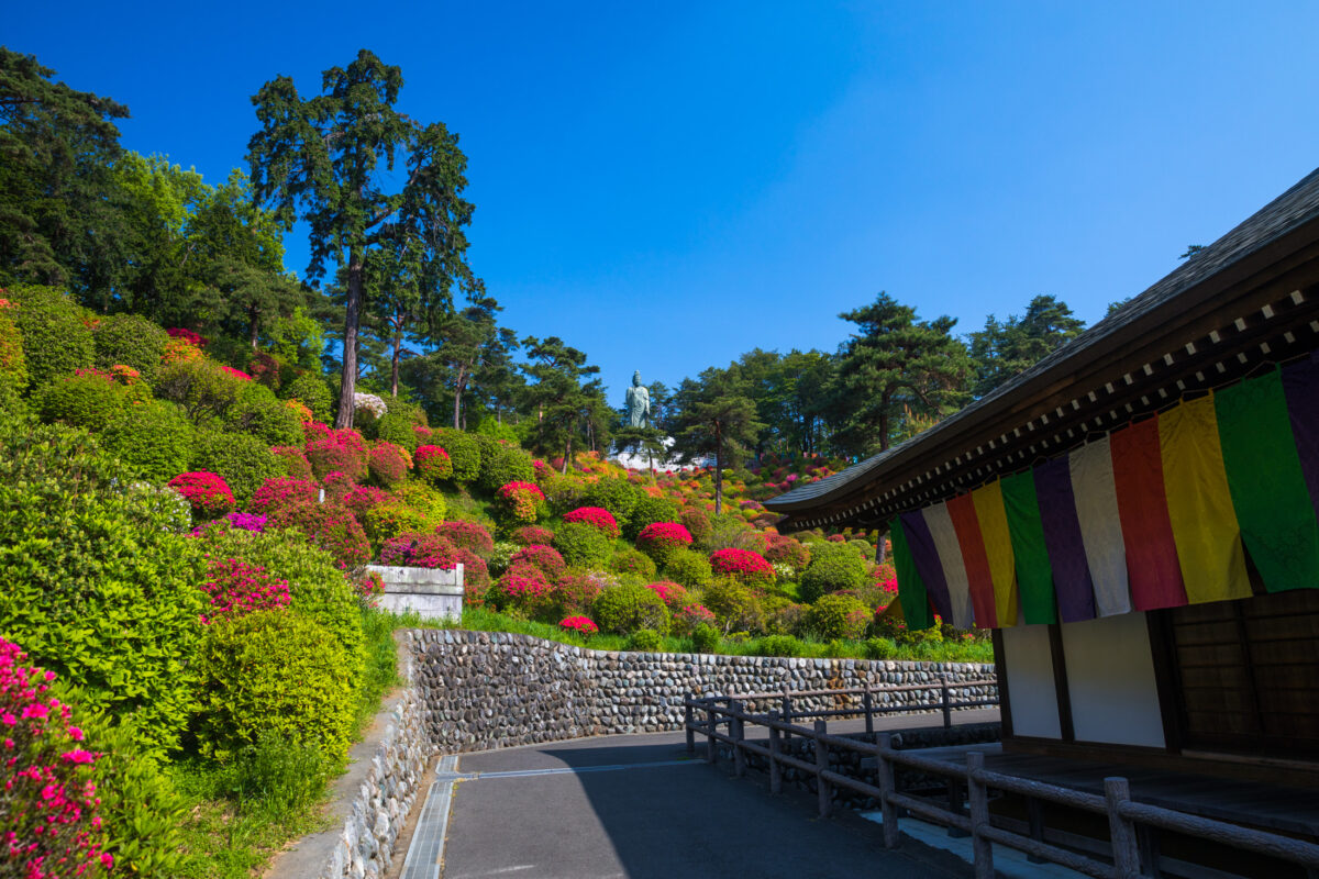 Tranquil Shiofunekannon-ji Temple in lush Japanese landscape with vibrant azalea bushes.