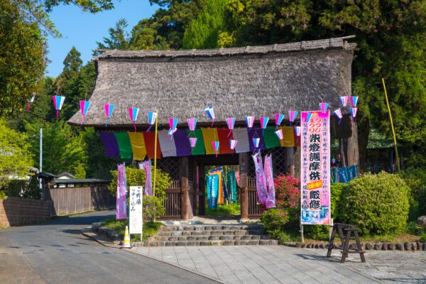 Historic Shiofunekannon-ji Temple in Japan, vibrant with cultural significance amidst lush greenery.