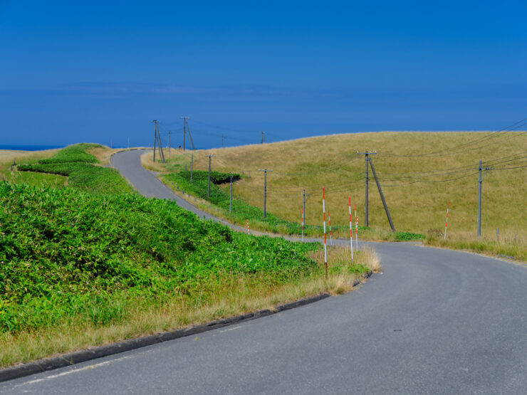 Scenic rural landscape with winding road through lush green hills