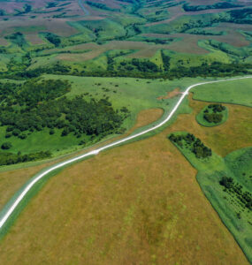 Aerial view lush green soybean hills landscape