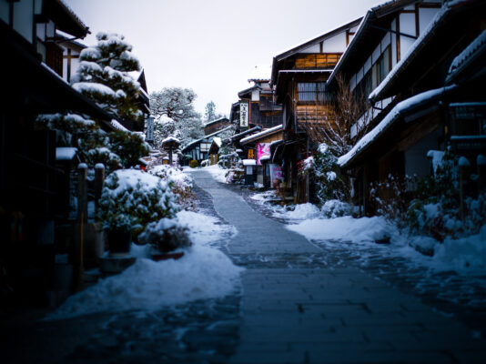 Atmospheric snowy street in historic Magome-juku post town.