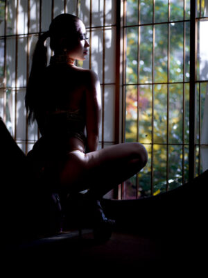 Silhouetted woman gazing pensively through mansions ornate window.