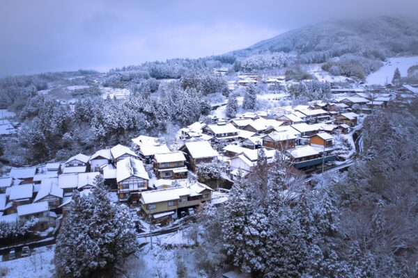 Historic snow-capped town Magome-juku, Japan.