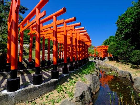 Serene orange torii gates of Takayama Inari Shrine, Japan