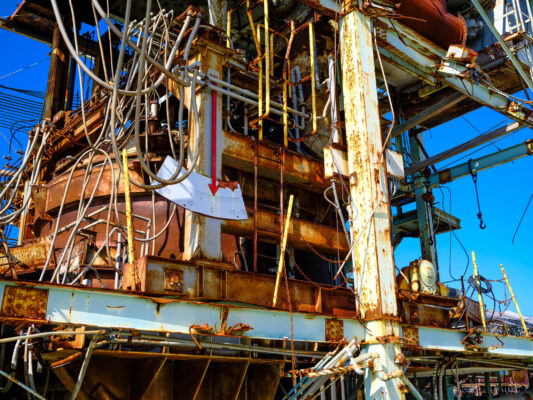 Decaying Ikeshima factory remnants, rusted industrial decay.