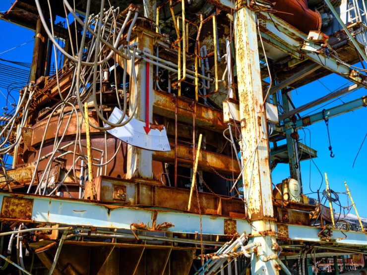 Decaying Ikeshima factory remnants, rusted industrial decay.