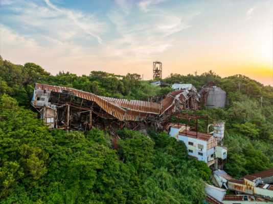 Decaying industrial ruins reclaimed by thriving nature