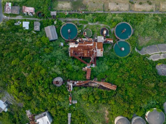 Rural sewage treatment infrastructure aerial view