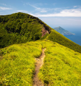 Scenic coastal hiking trail on Hachijojima volcanic island