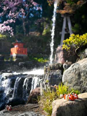 Serene Japanese garden waterfall landscape