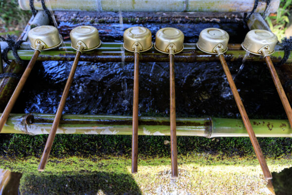 Tranquil Japanese temple garden water fountain.