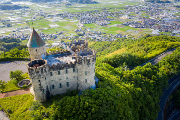 Medieval castle aerial view picturesque hilltop