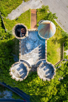 Chateau Sampos whimsical tractor sculpture garden aerial view