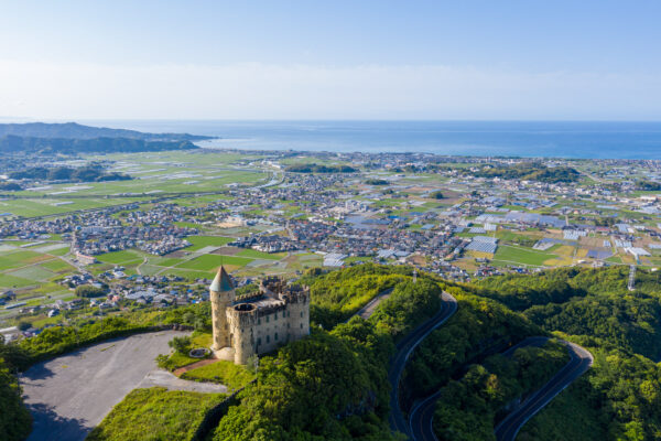 Coastal medieval castle aerial view