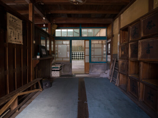 Old Japanese warehouse interior, warm light